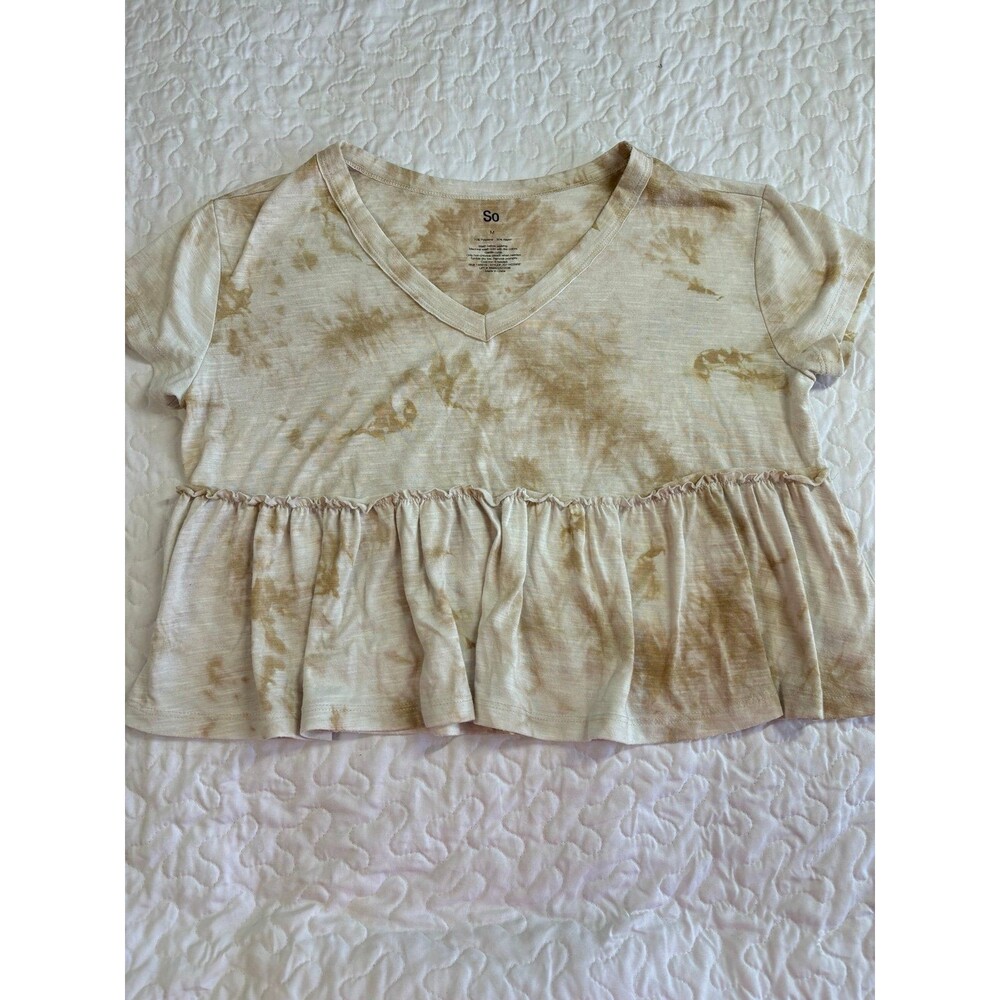 SO Brown White Tie Dye  Flowy Crop Vneck Short Sleeve Tee Shirt size Medium